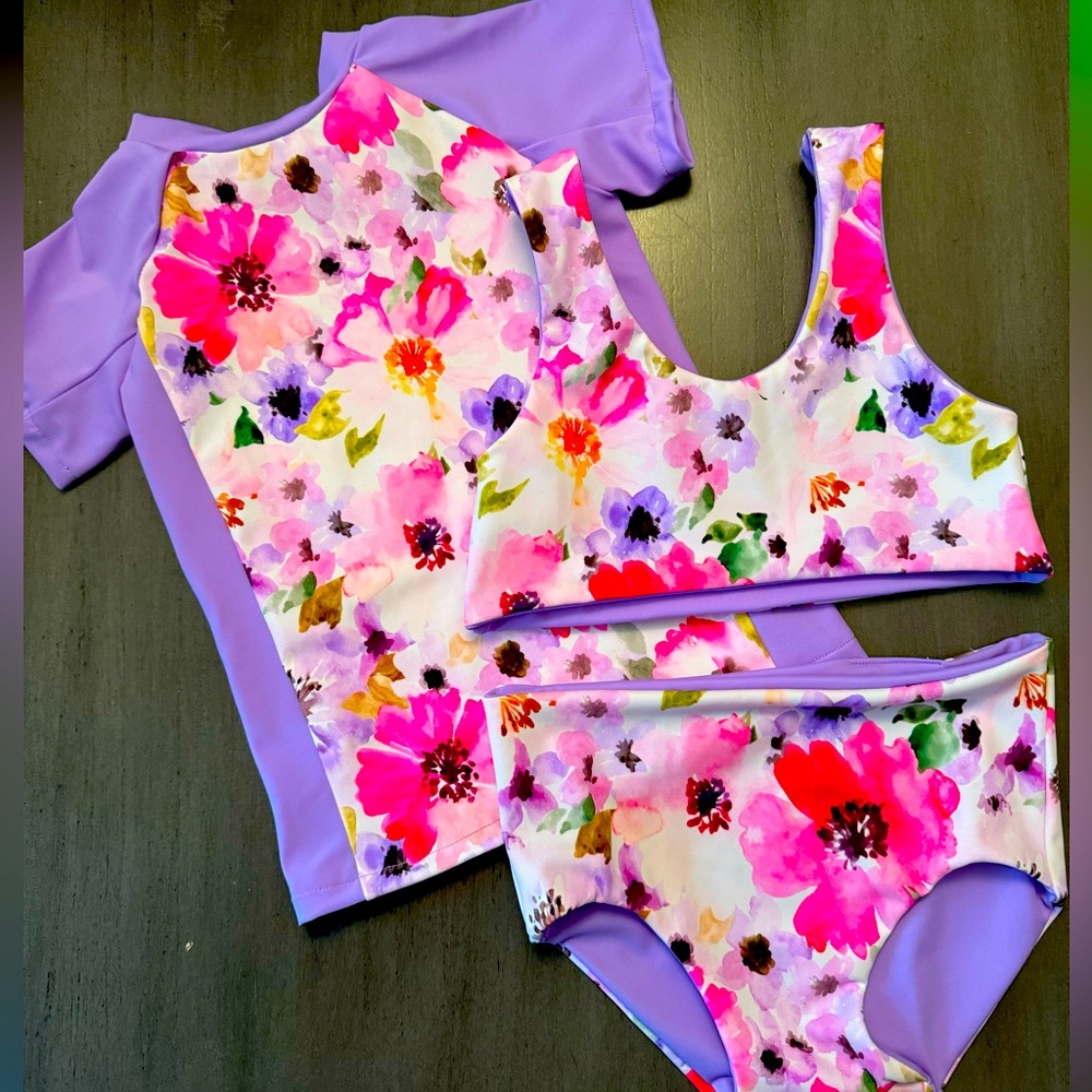 Girls Floral Print 3 Piece Rash Guard Set